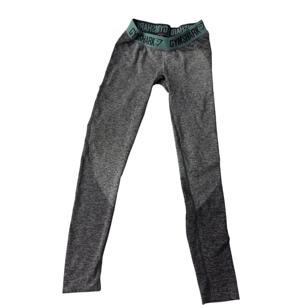Gymshark Womens High-Waisted Gray Leggings With Teal Logo Waistband - Athletic